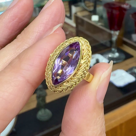 Vintage Italian Marquise Amethyst Navette Ring 18k Yellow Gold