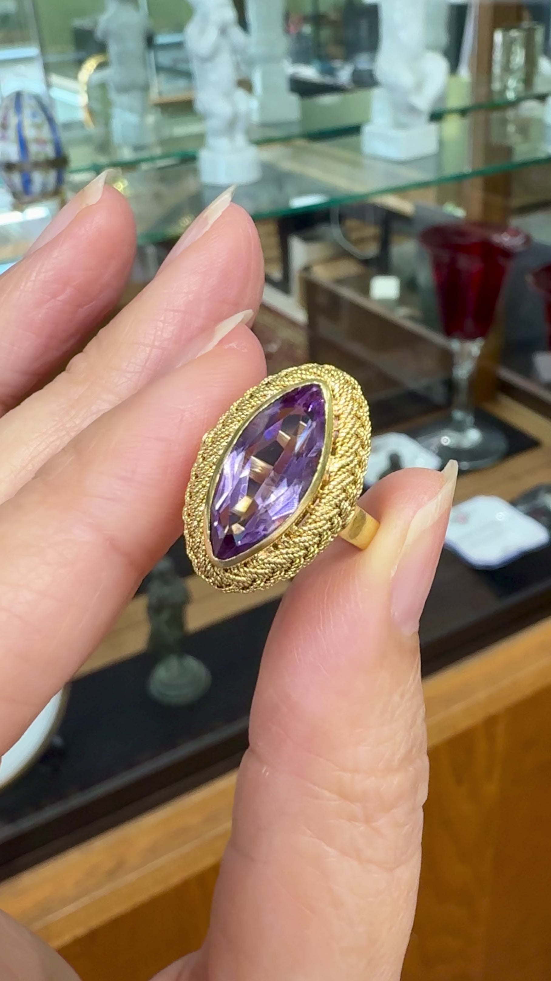 Vintage Italian Marquise Amethyst Navette Ring 18k Yellow Gold