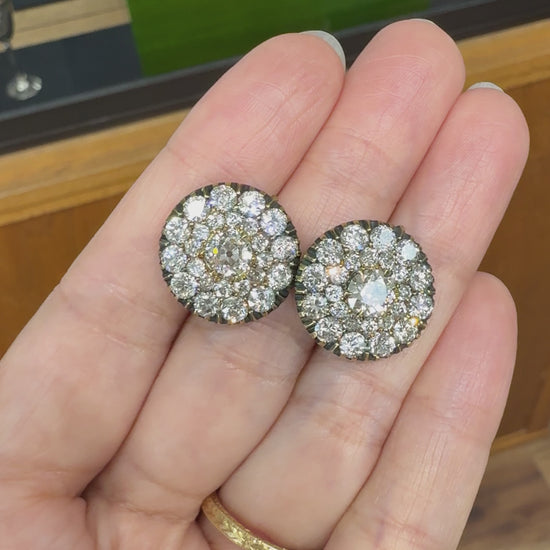 Vintage Old Mine Diamond Cluster-Button Earrings 18k Yellow Gold