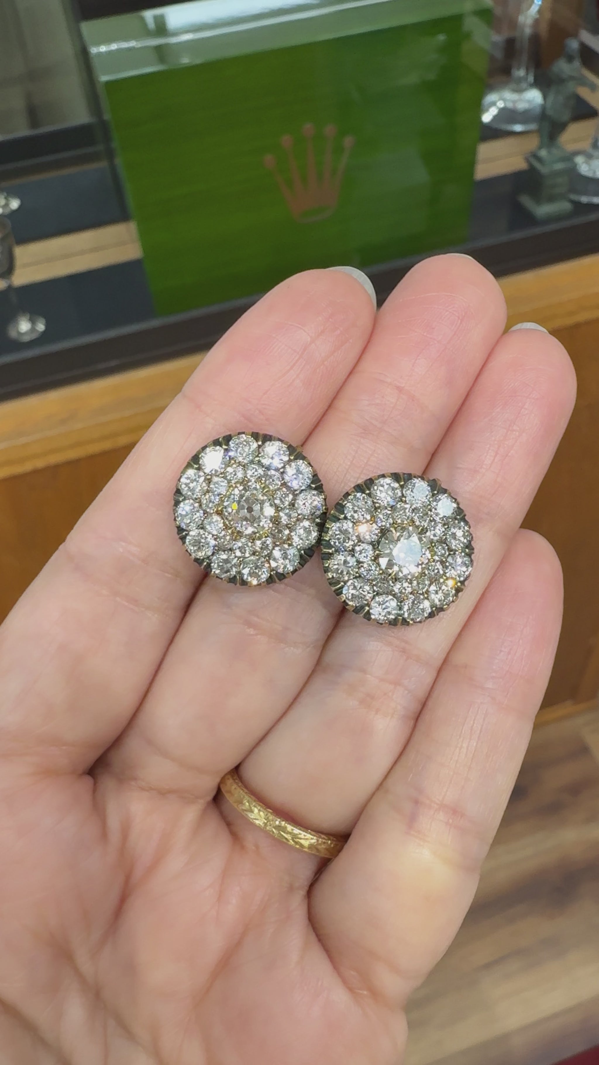 Vintage Old Mine Diamond Cluster-Button Earrings 18k Yellow Gold