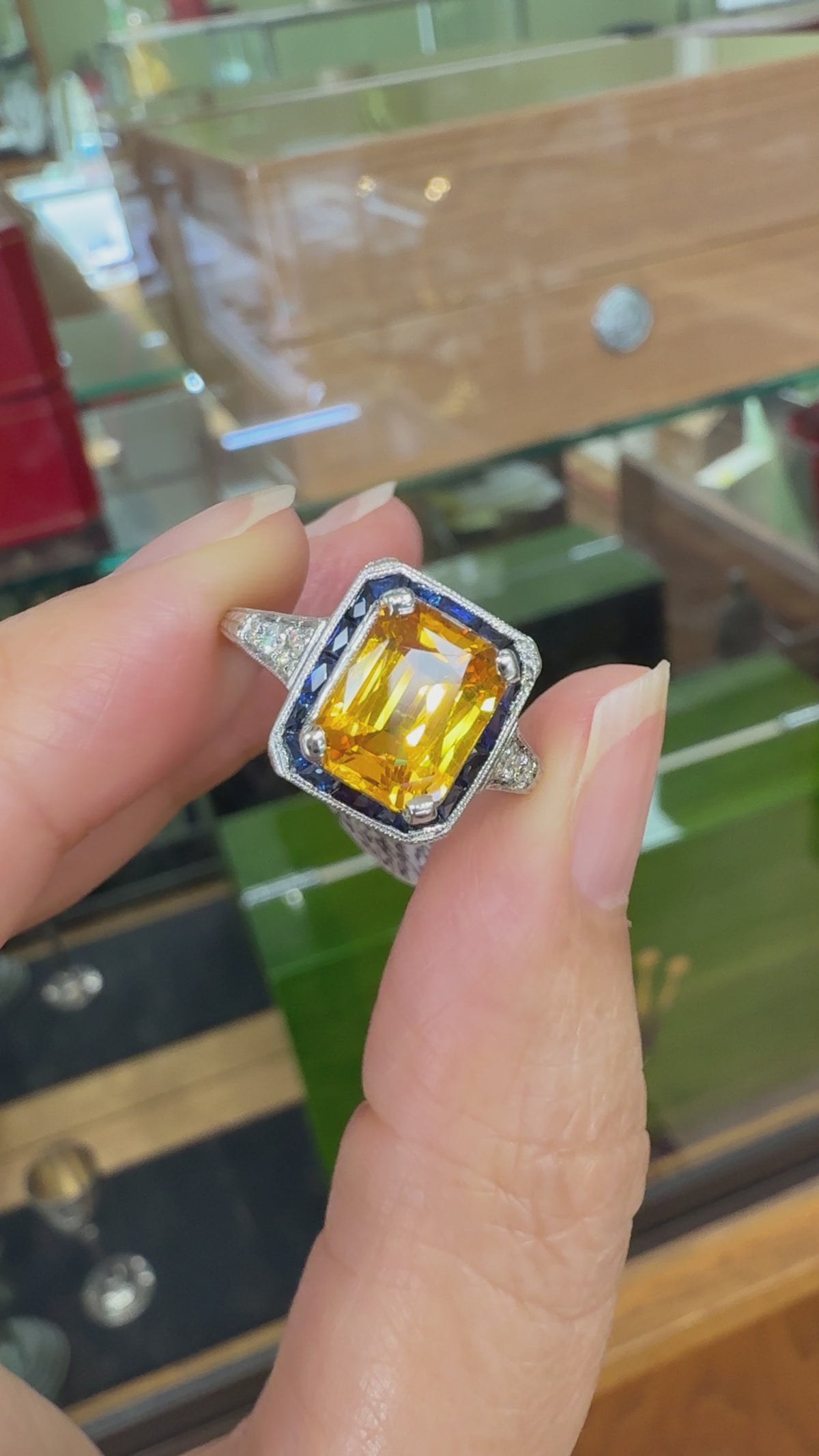 Sapphire and Diamond Art Deco Inspired Ring Platinum