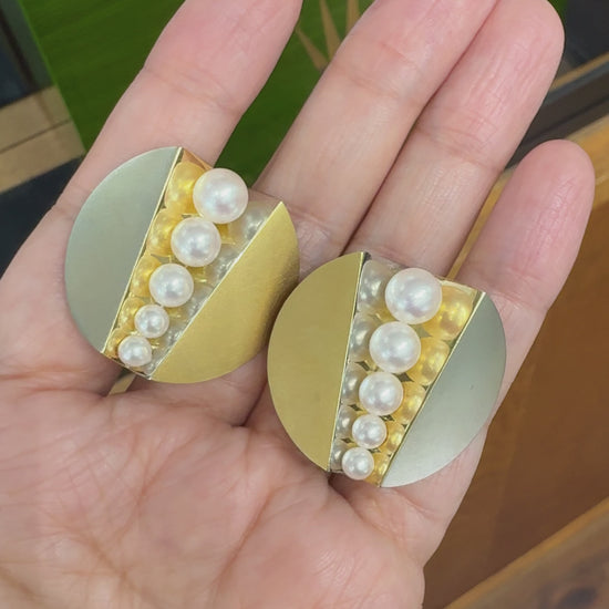 Vintage Designer Pearl Two Tone Statement Clip On Earrings 18k