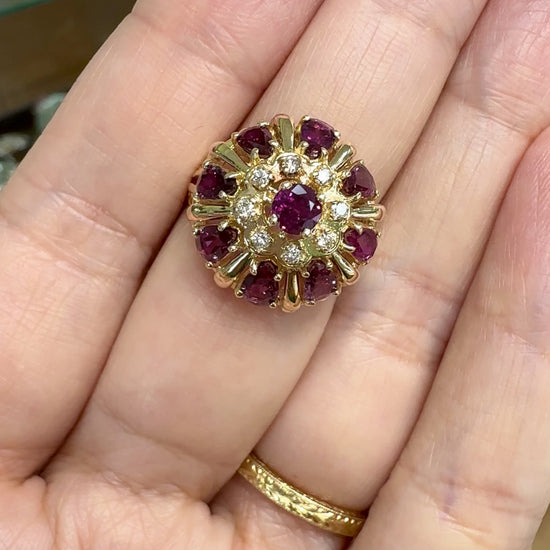Vintage Ruby and Diamond Harem Princess Ring 14k Yellow Gold