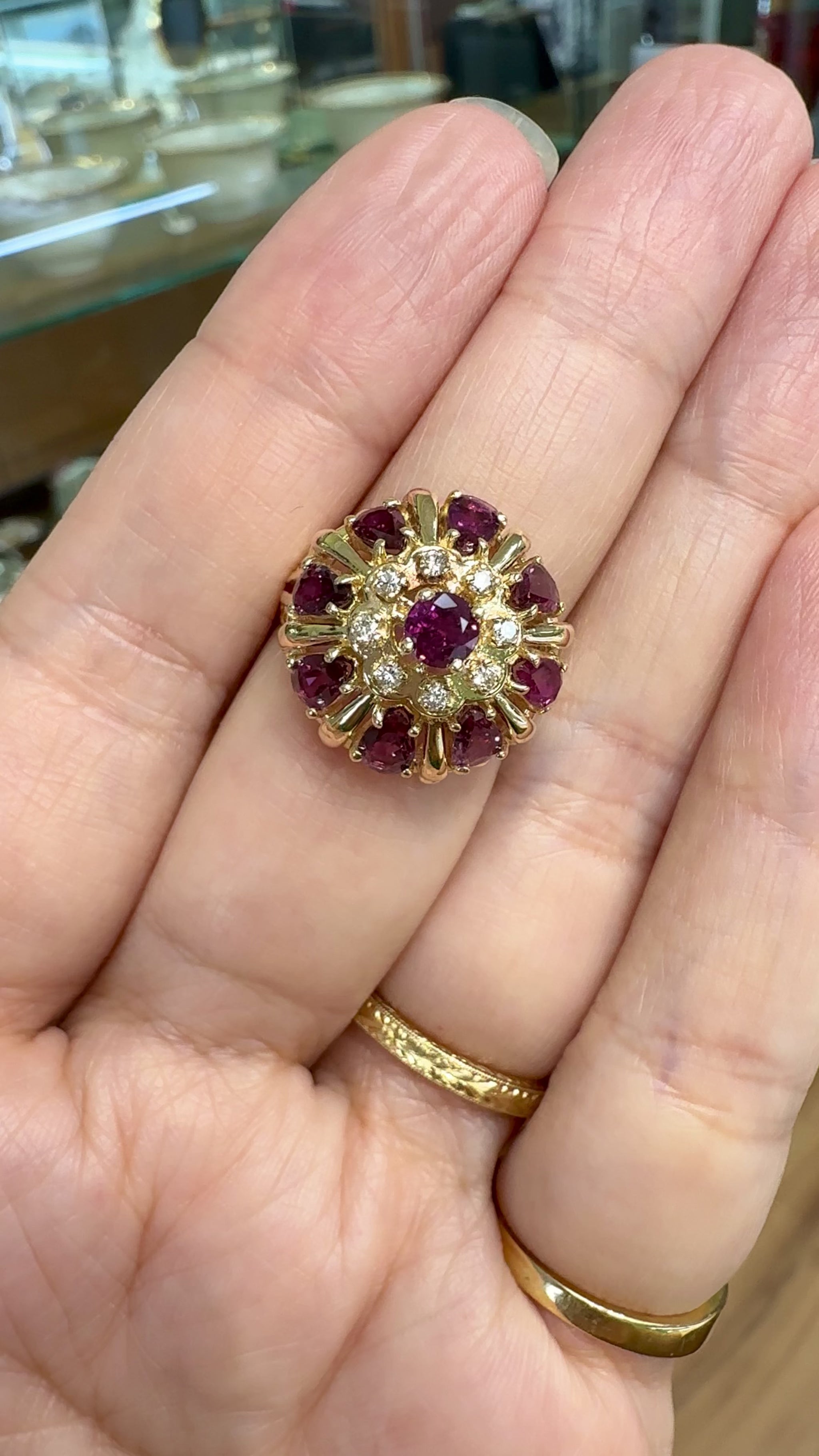 Vintage Ruby and Diamond Harem Princess Ring 14k Yellow Gold
