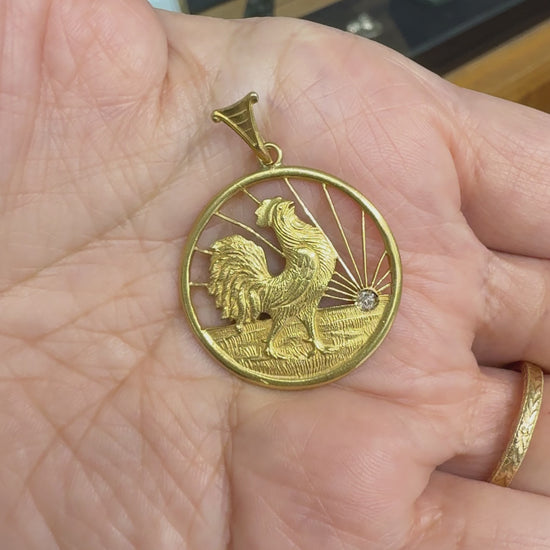Antique Rooster at Sunrise Diamond Pendant 18k Yellow Gold