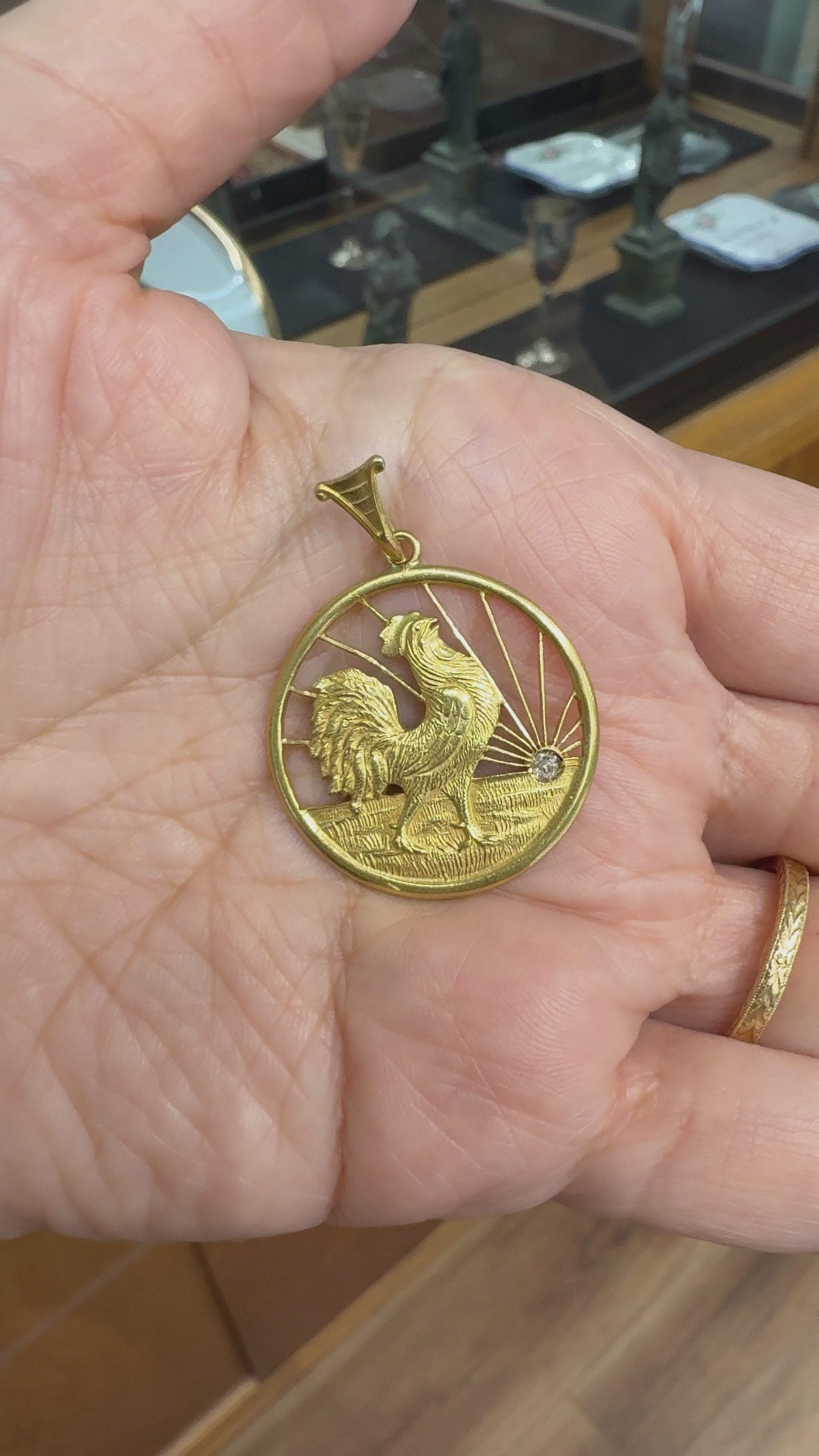 Antique Rooster at Sunrise Diamond Pendant 18k Yellow Gold