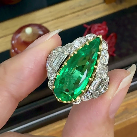 Estate Columbian Emerald and Old Cut Diamond Ring Platinum/18k Yellow Gold