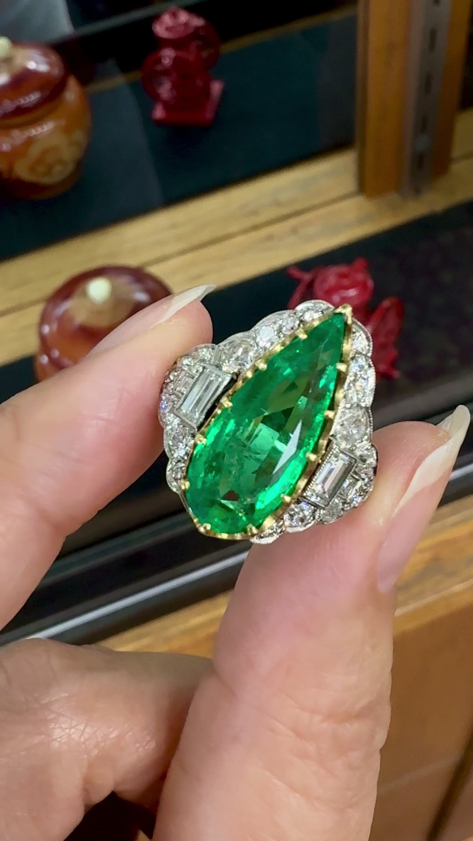Estate Columbian Emerald and Old Cut Diamond Ring Platinum/18k Yellow Gold