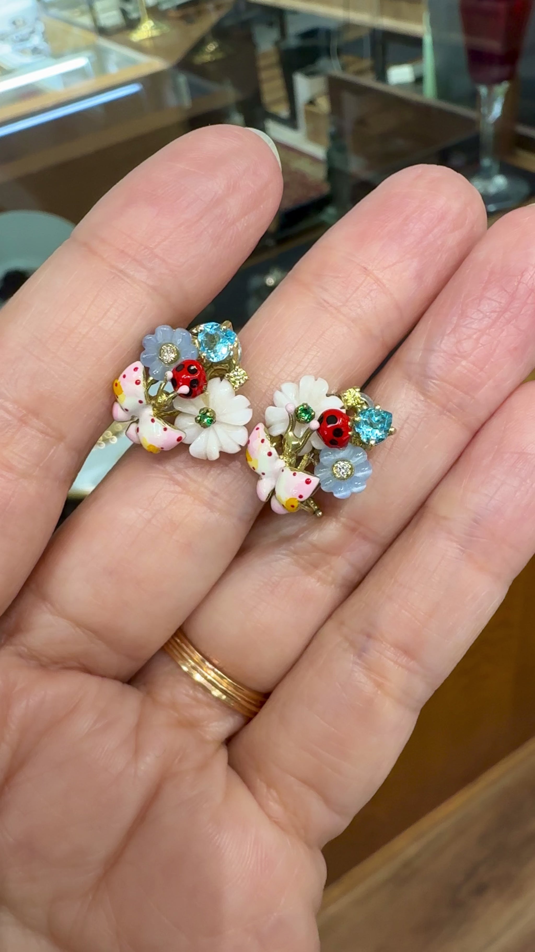 Santagostino Whimsical Floral Butterfly Gemstone Earrings 18k Gold