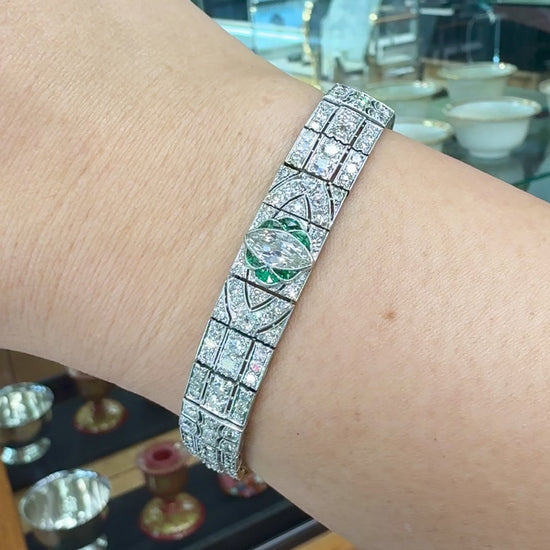 1920's Art Deco Old Cut Diamond and Emerald Bracelet Platinum