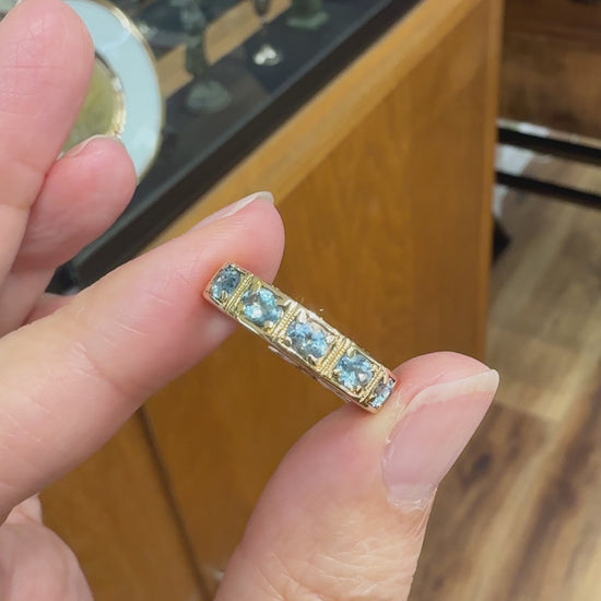5 Stone Aquamarine Engraved Band Ring 14k Yellow Gold
