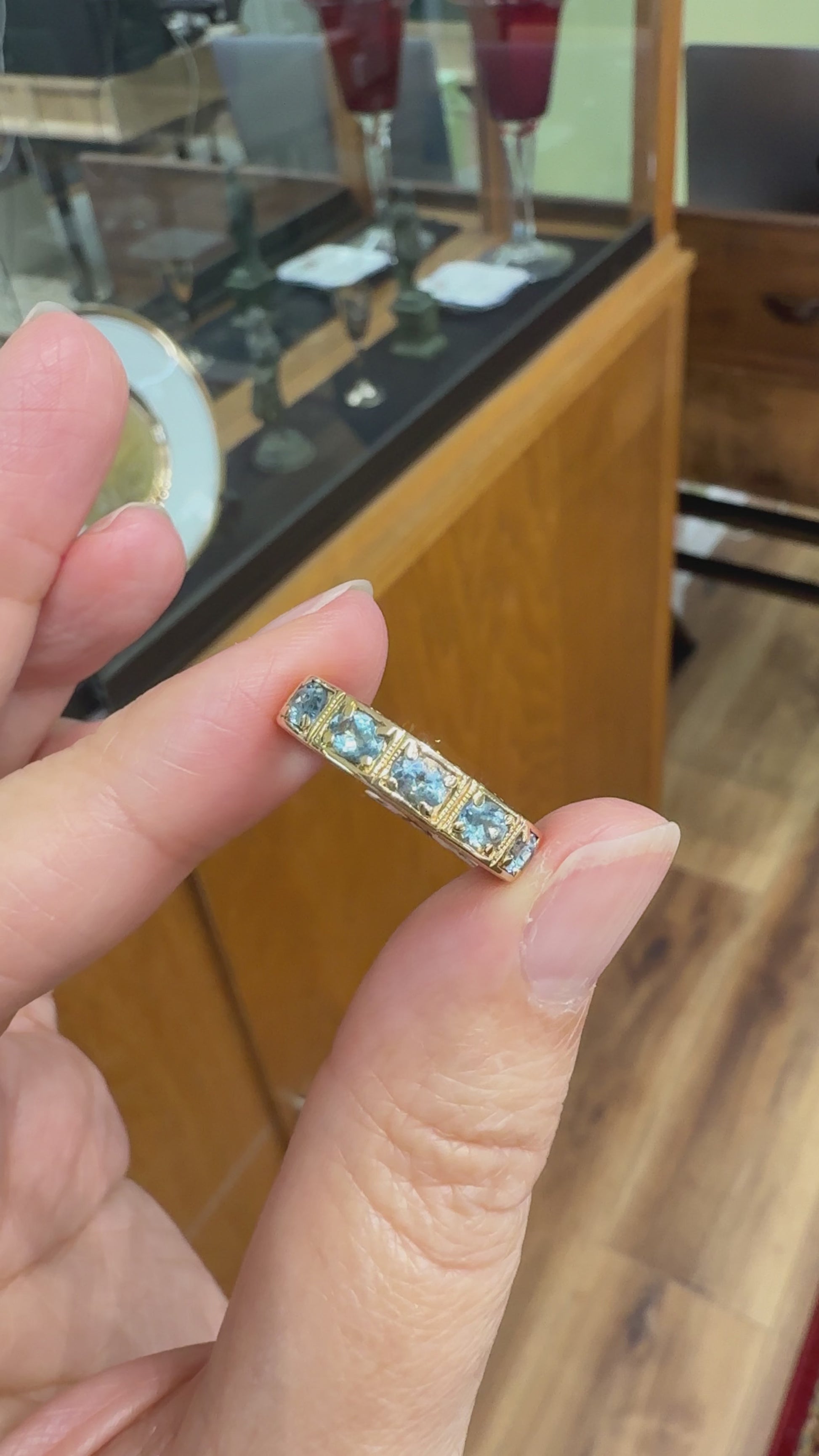 5 Stone Aquamarine Engraved Band Ring 14k Yellow Gold