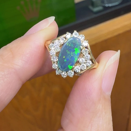 Vintage Black Opal Diamond Ring 14k Yellow Gold