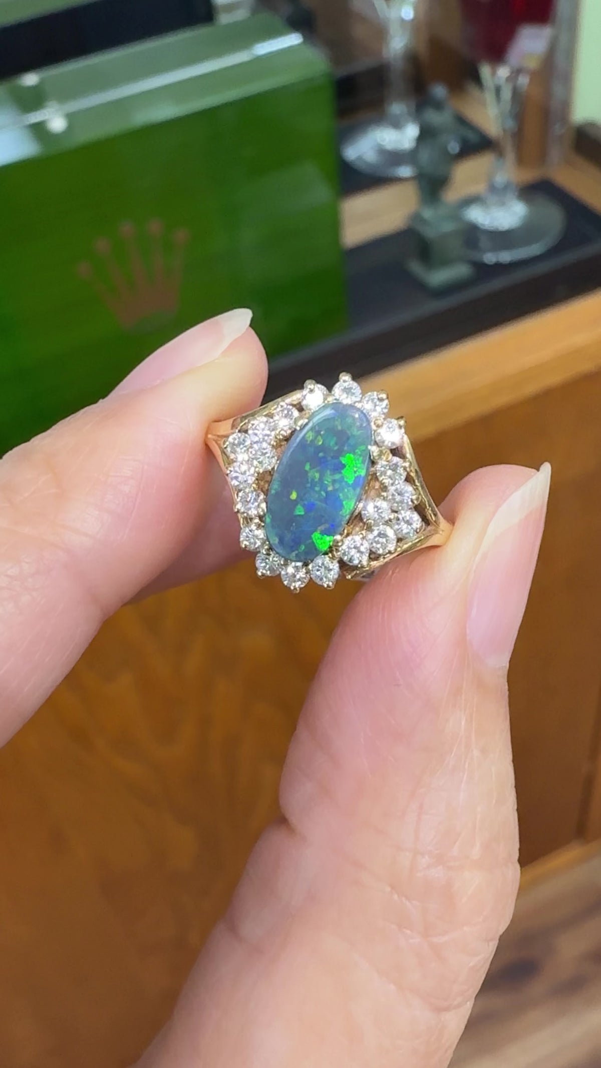 Vintage Black Opal Diamond Ring 14k Yellow Gold