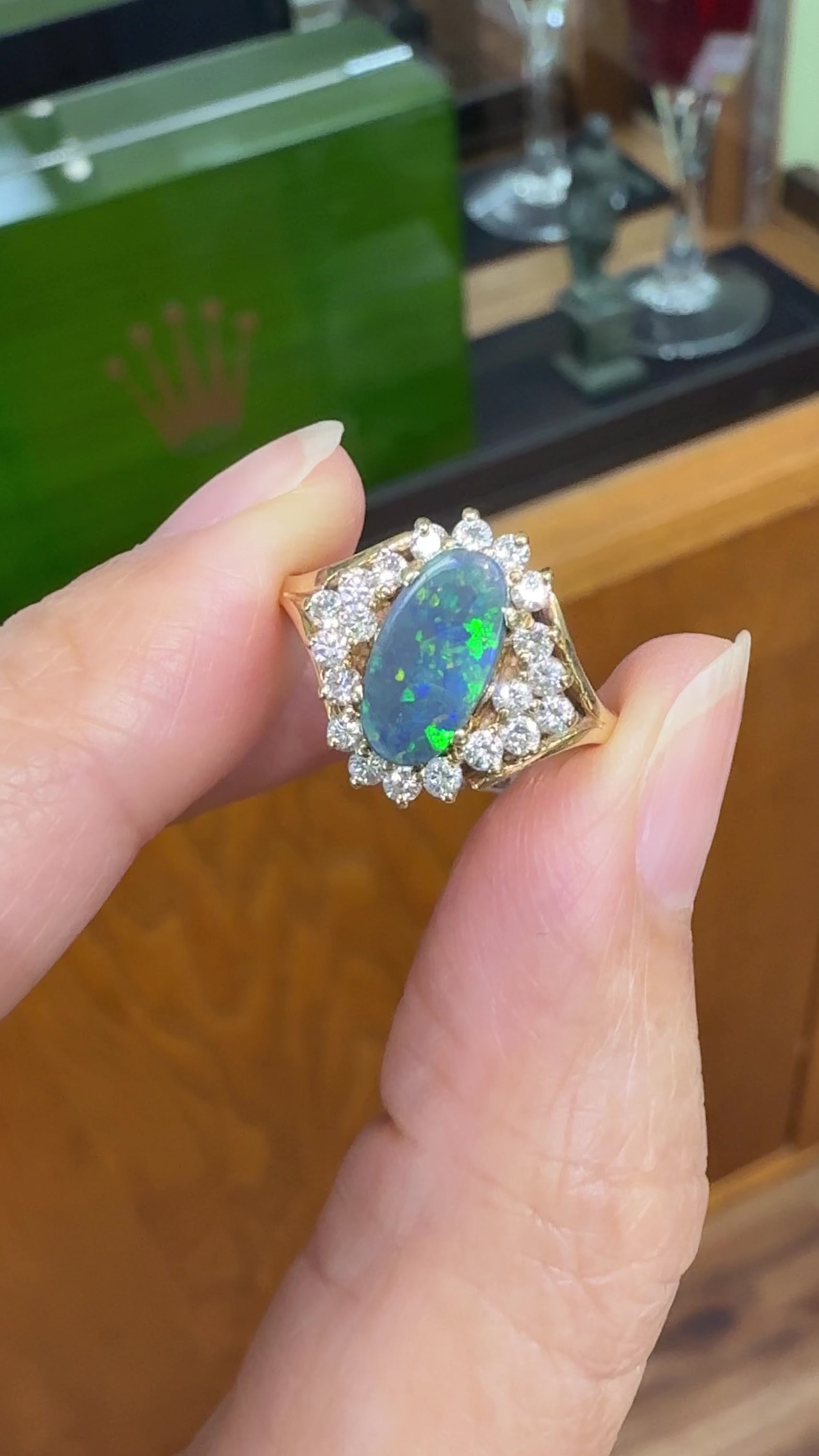 Vintage Black Opal Diamond Ring 14k Yellow Gold
