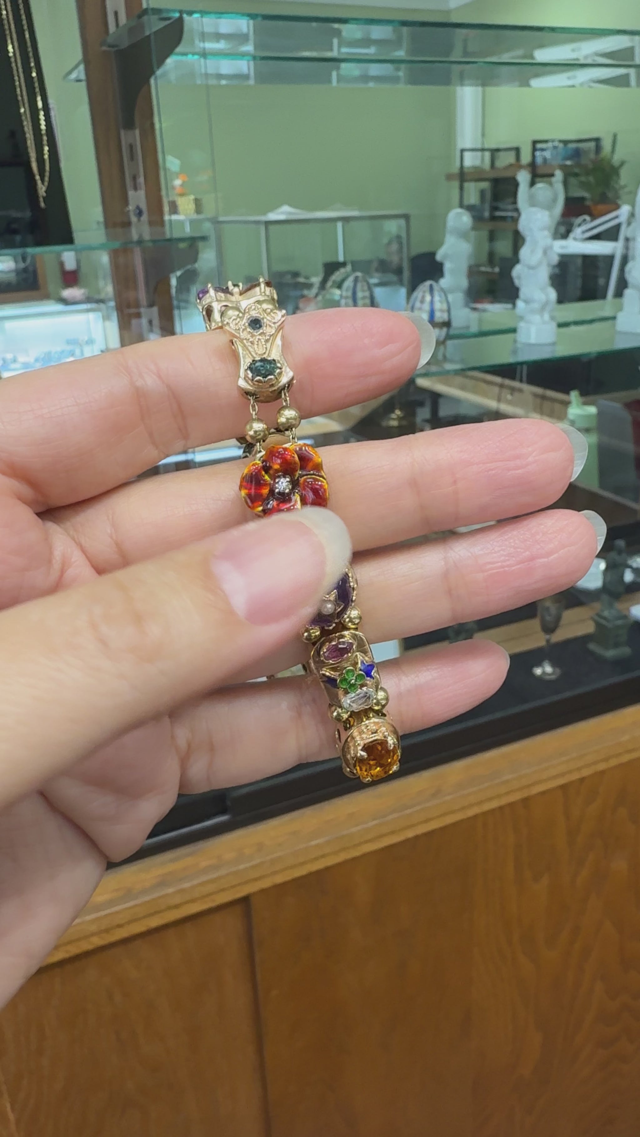 Vintage 1970's Gemstone and Diamond Slide Bracelet 14k Yellow Gold