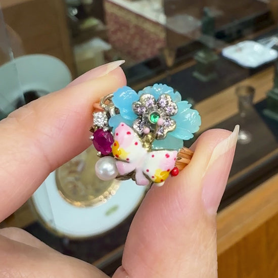 Santagostino Whimsical Floral Butterfly Gemstone Ring 18k Rose Gold