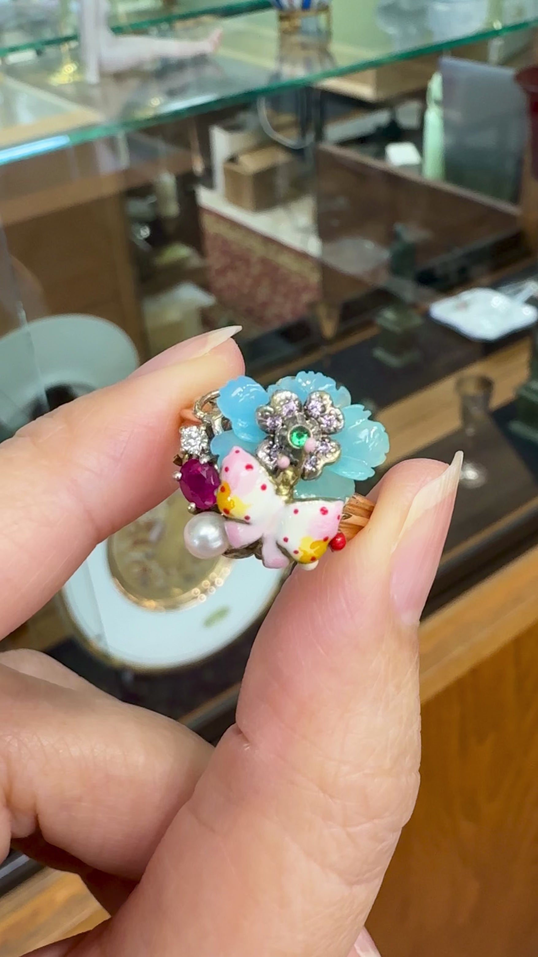 Santagostino Whimsical Floral Butterfly Gemstone Ring 18k Rose Gold