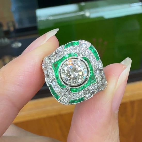 Estate Art Deco Style Emerald and Diamond Ring Platinum