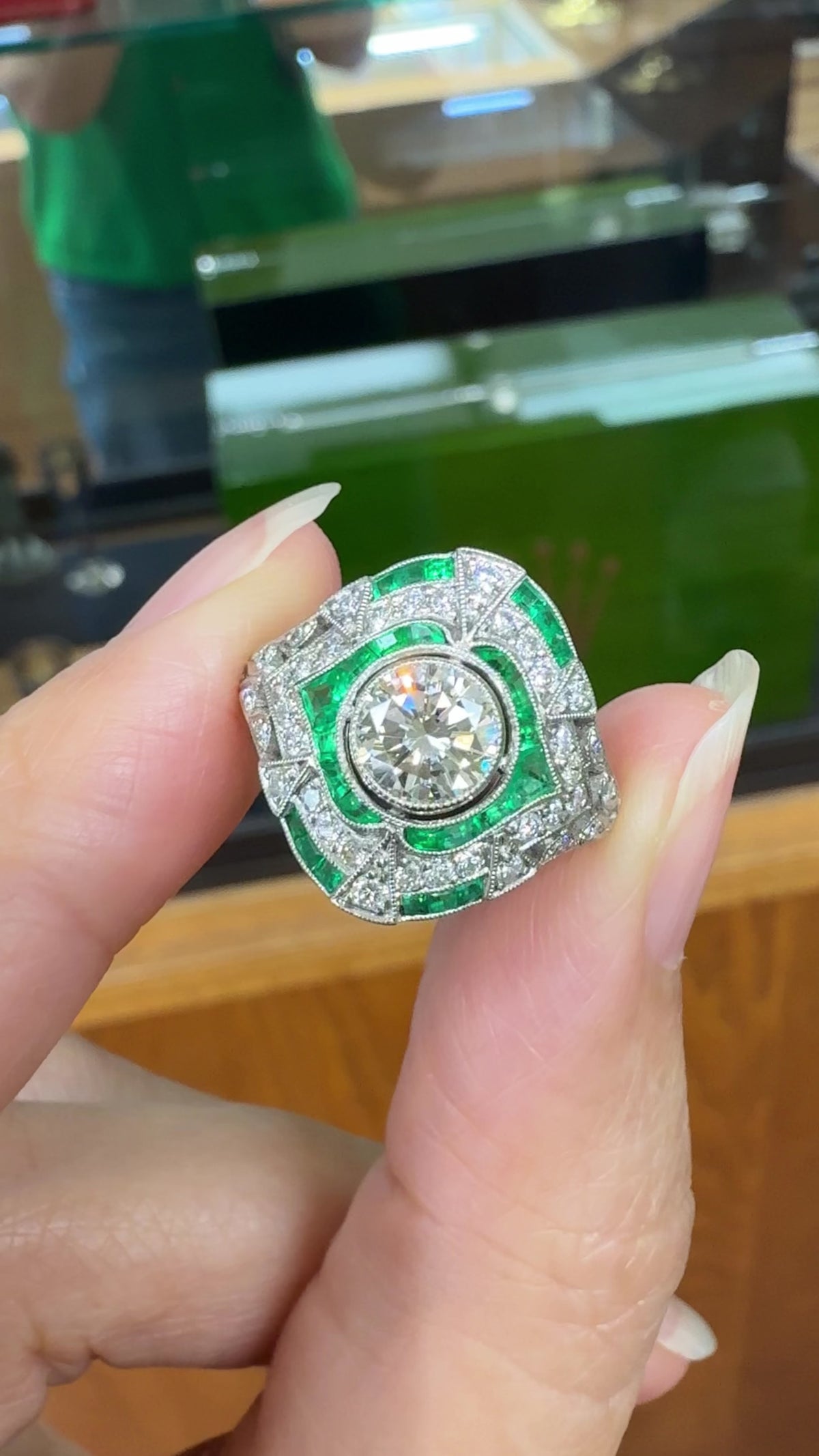 Estate Art Deco Style Emerald and Diamond Ring Platinum