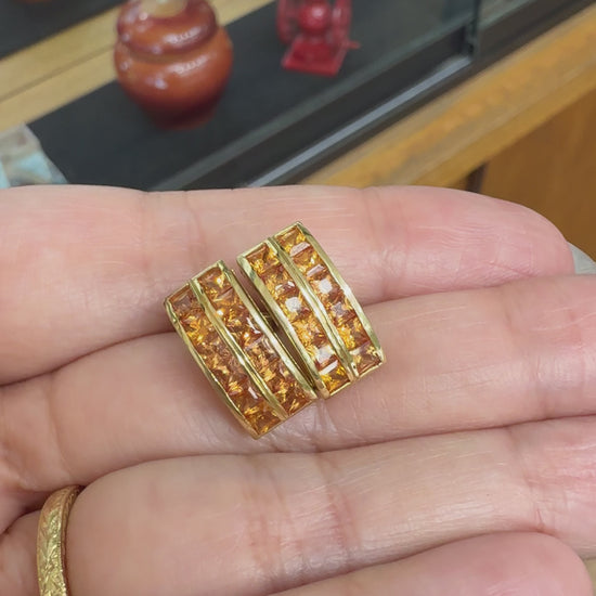 Princess Cut Orange Sapphire Earrings 18k Yellow Gold