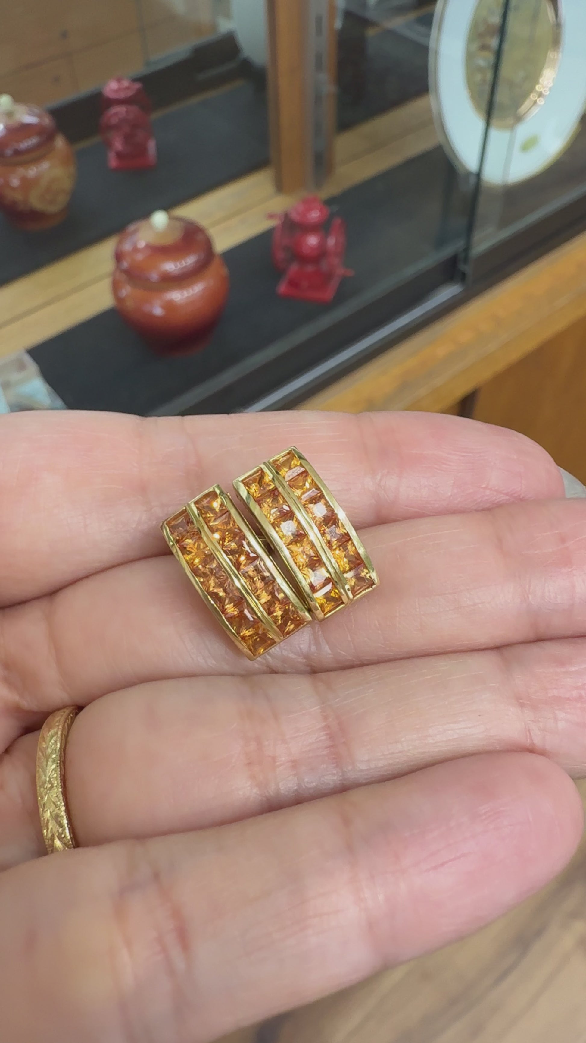 Princess Cut Orange Sapphire Earrings 18k Yellow Gold