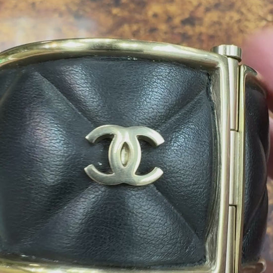 Chanel Quilted Leather Wide Cuff Bangle with box
