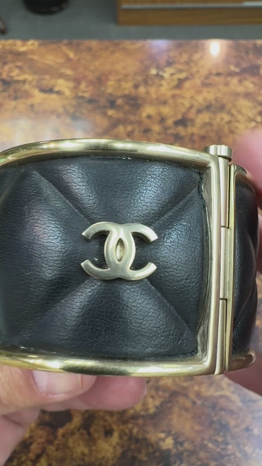 Chanel Quilted Leather Wide Cuff Bangle with box
