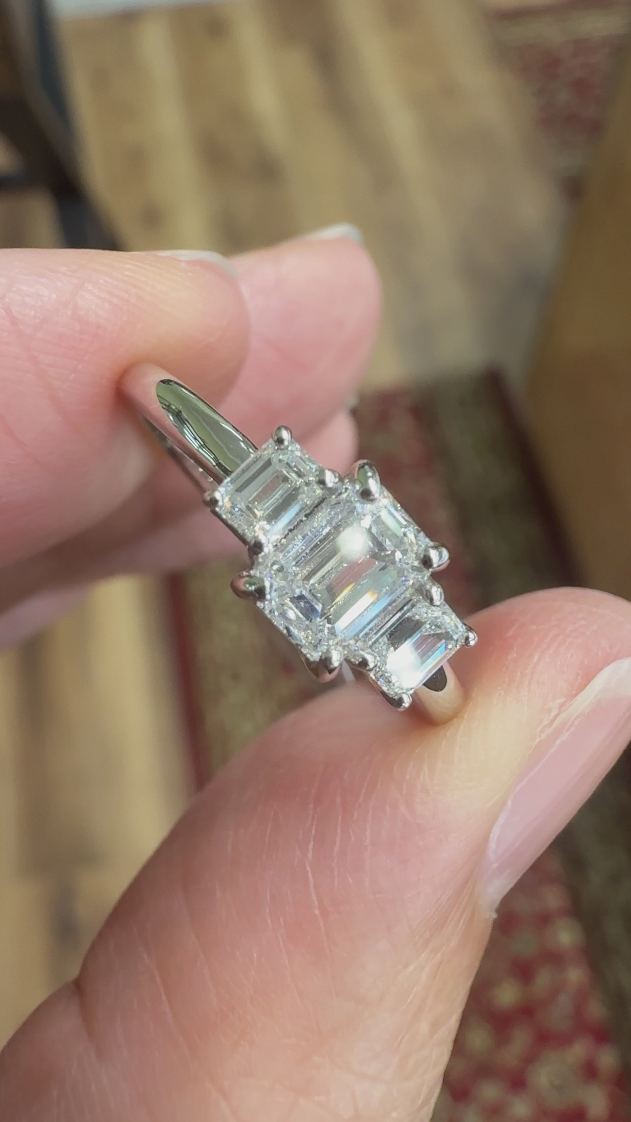 Emerald Cut Diamond 3 Stone Ring Platinum
