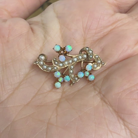 Antique Victorian Opal and Seed Pearl Brooch 10-12k Yellow Gold