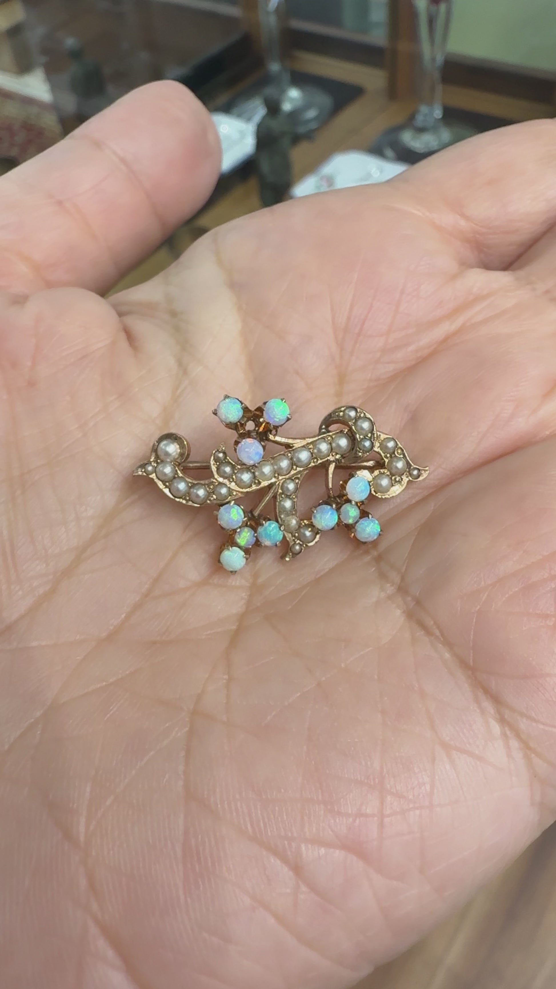 Antique Victorian Opal and Seed Pearl Brooch 10-12k Yellow Gold