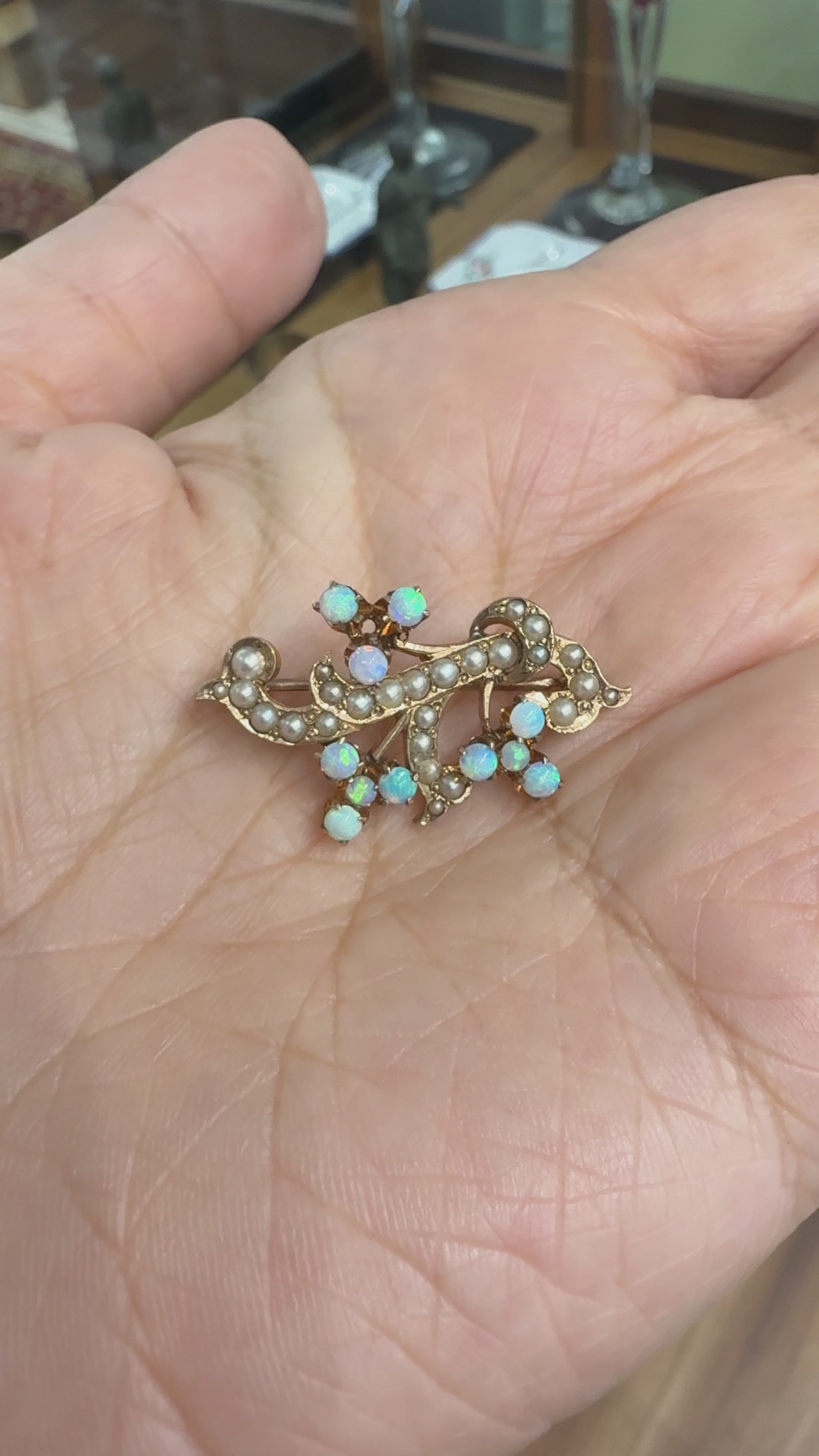 Antique Victorian Opal and Seed Pearl Brooch 10-12k Yellow Gold