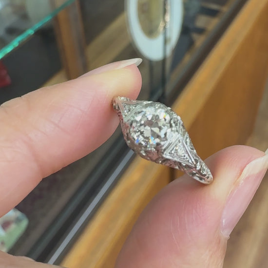 Antique 1914 Art Deco Transitional Diamond Filigree Ring 18k White Gold