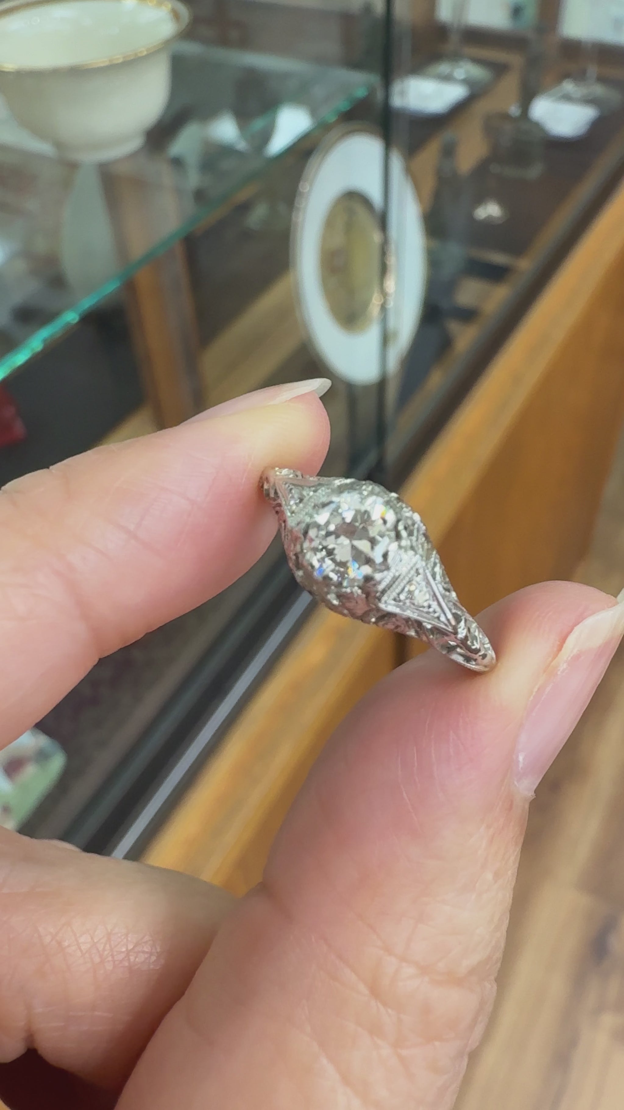 Antique 1914 Art Deco Transitional Diamond Filigree Ring 18k White Gold