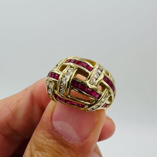 UK 14k Yellow Gold Dimaond and Ruby Dome Ring United Kingdom