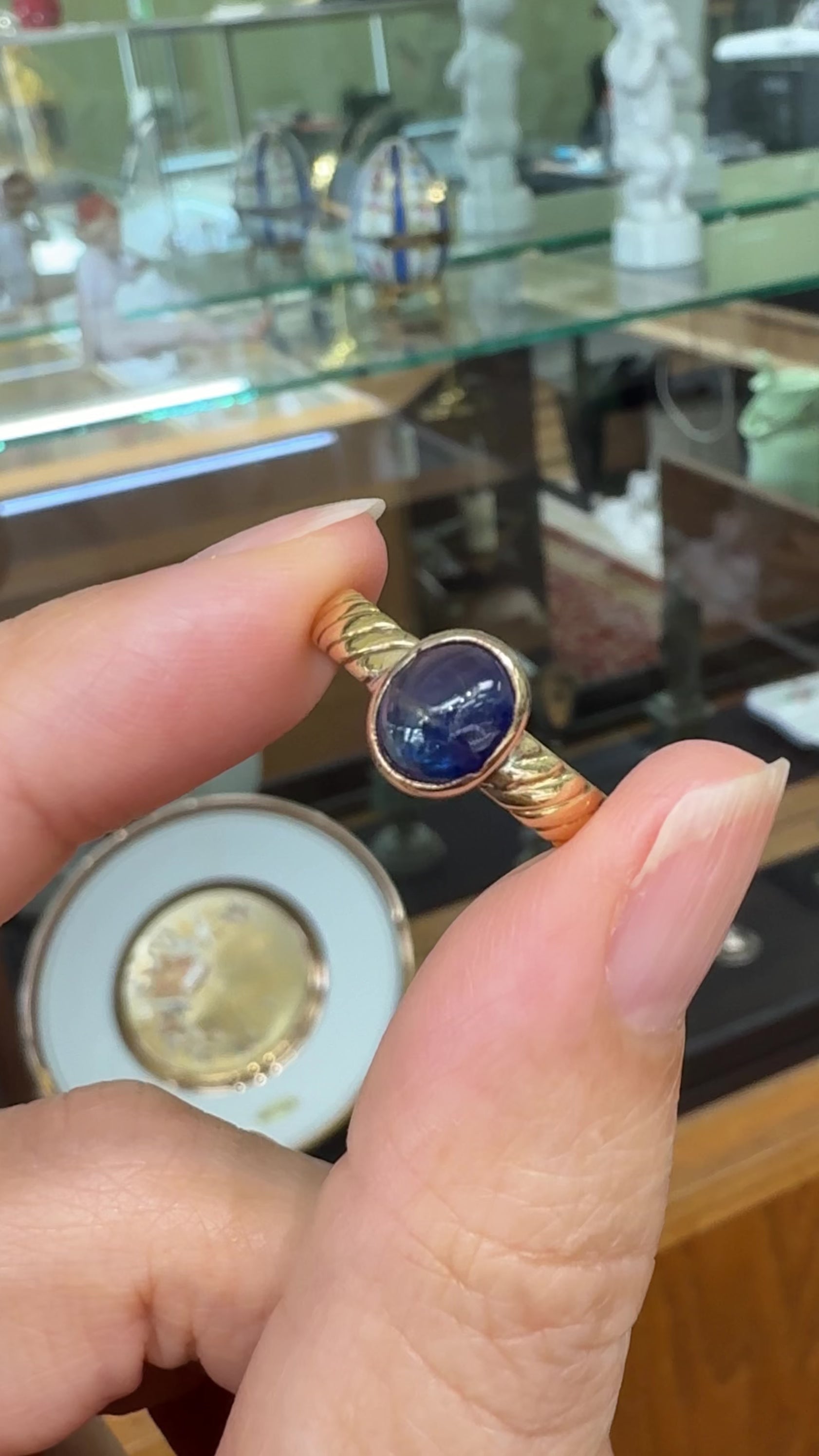 Antique Victorian 1850 Unheated Sapphire Cabochon Ring 18k/14k