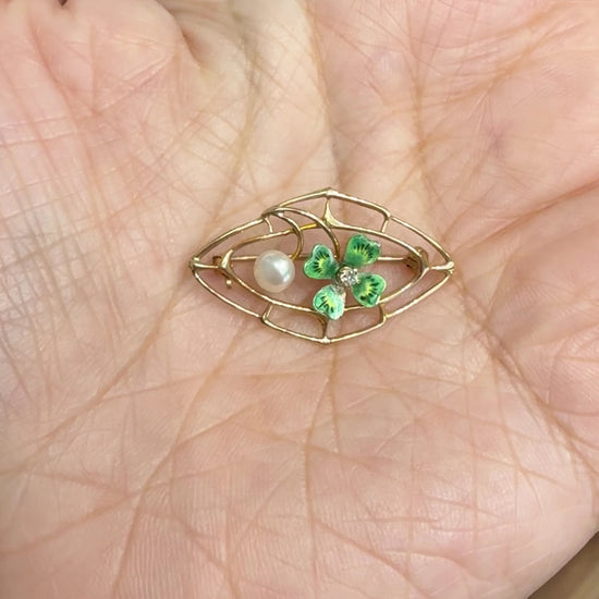 Edwardian Antique Four-Leaf Clover and Seed Pearl Old Mine Diamond Brooch 10k