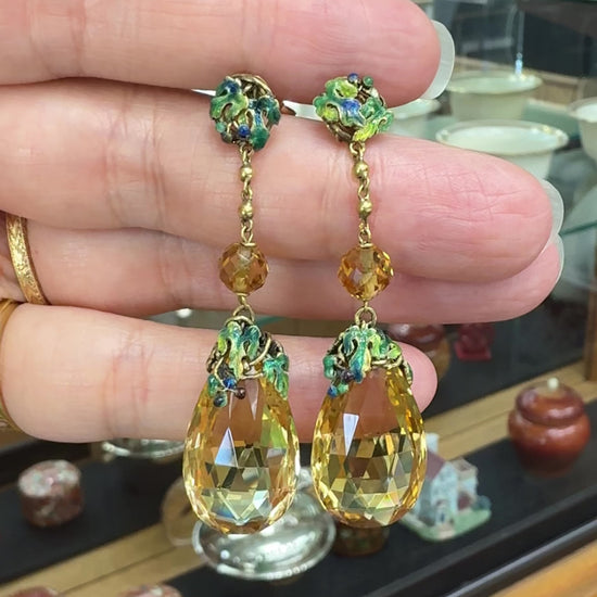 1940's Pear Cut Citrine Briolette and Enamel Drop Earrings 18k/14k Yellow Gold