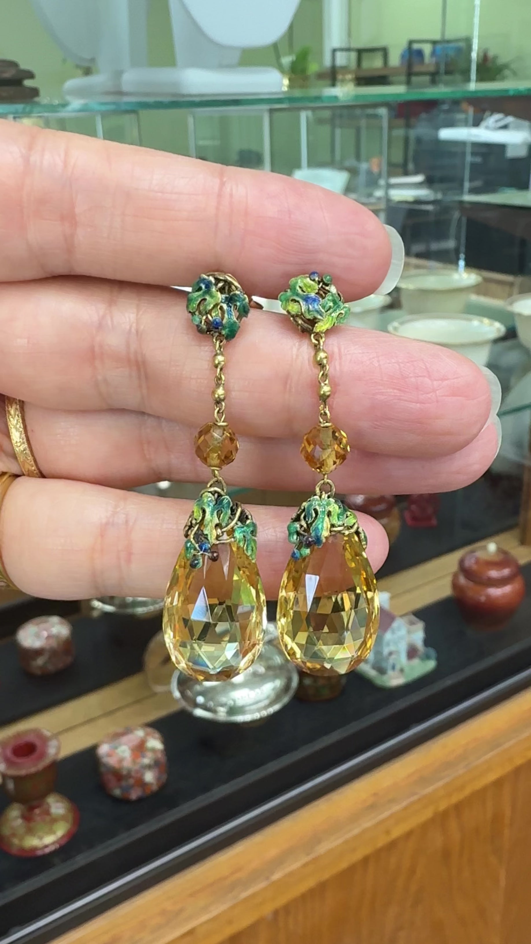 1940's Pear Cut Citrine Briolette and Enamel Drop Earrings 18k/14k Yellow Gold