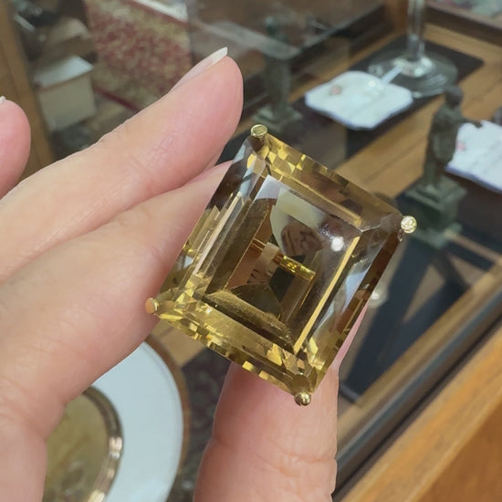 1950's Large Emerald Cut Smokey Quartz Statement Ring 18k Yellow Gold