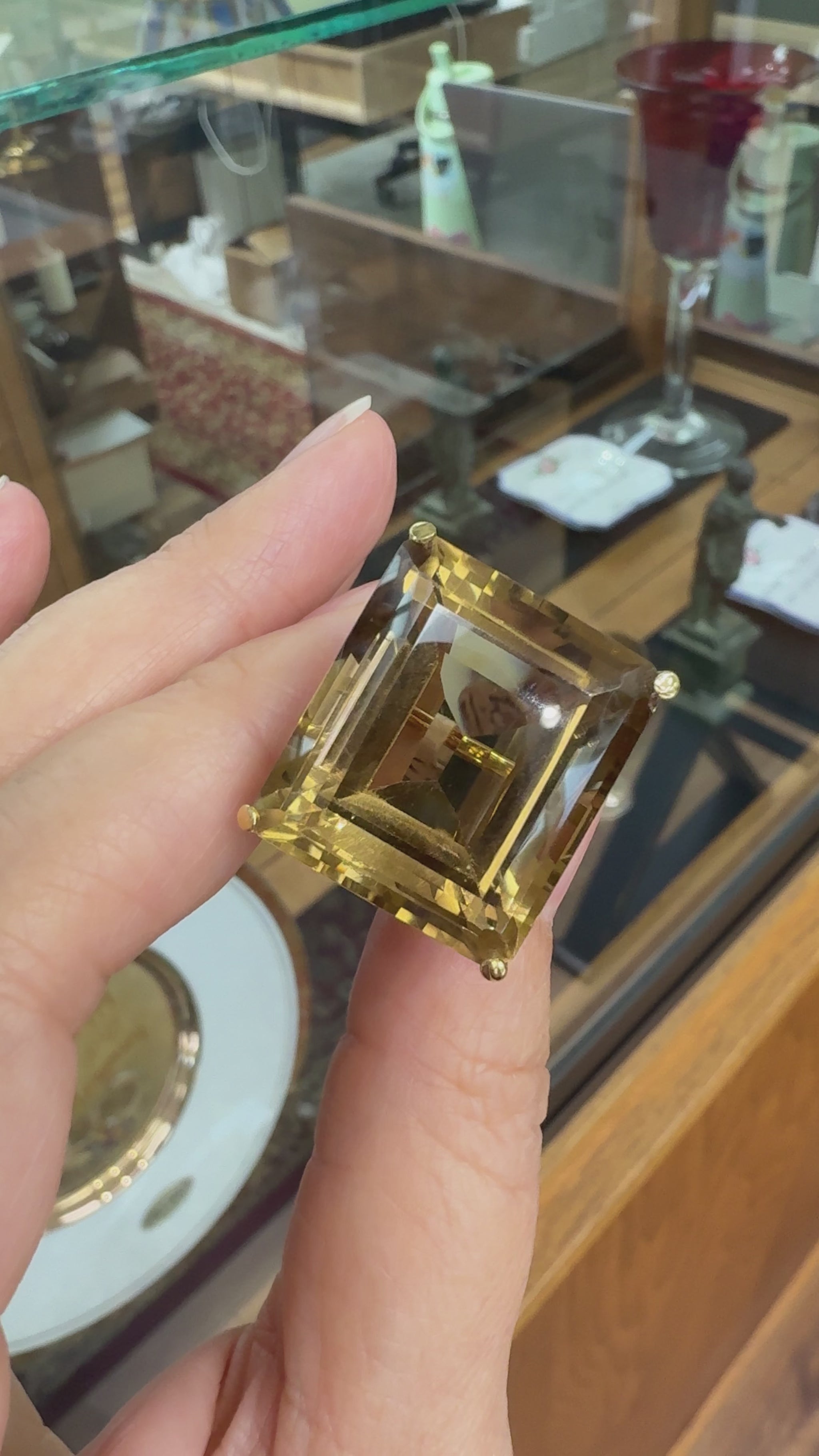 1950's Large Emerald Cut Smokey Quartz Statement Ring 18k Yellow Gold