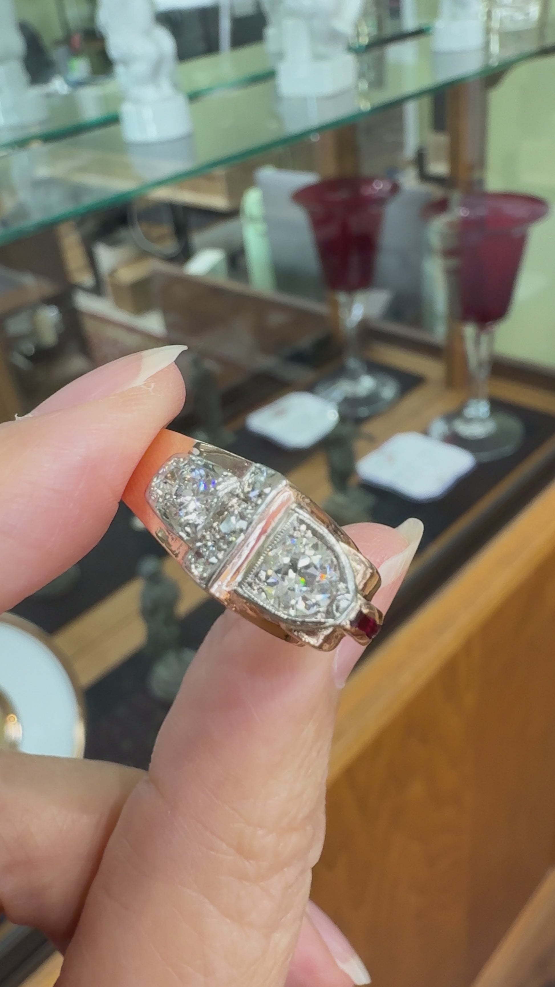 1950's Retro Old European Cut Diamond and Ruby Ring 14k Rose Gold