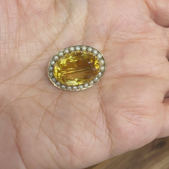 Antique Victorian Citrine and Seed Pearl Brooch 9k Yellow Gold