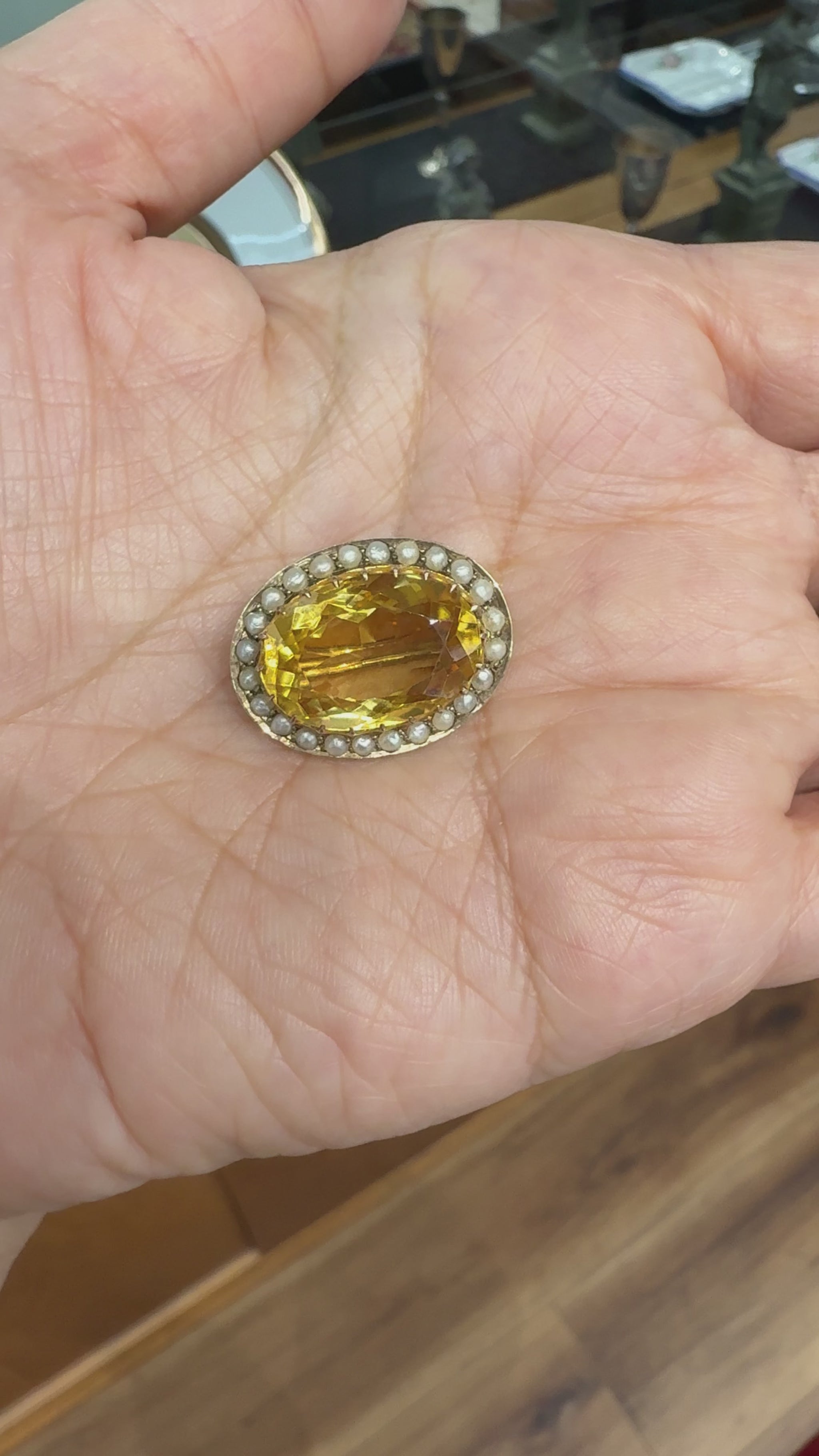 Antique Victorian Citrine and Seed Pearl Brooch 9k Yellow Gold