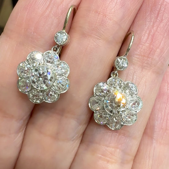 Vintage Old Mine and Old European Cut Diamond Flower Dangle Earrings 18k/Plat