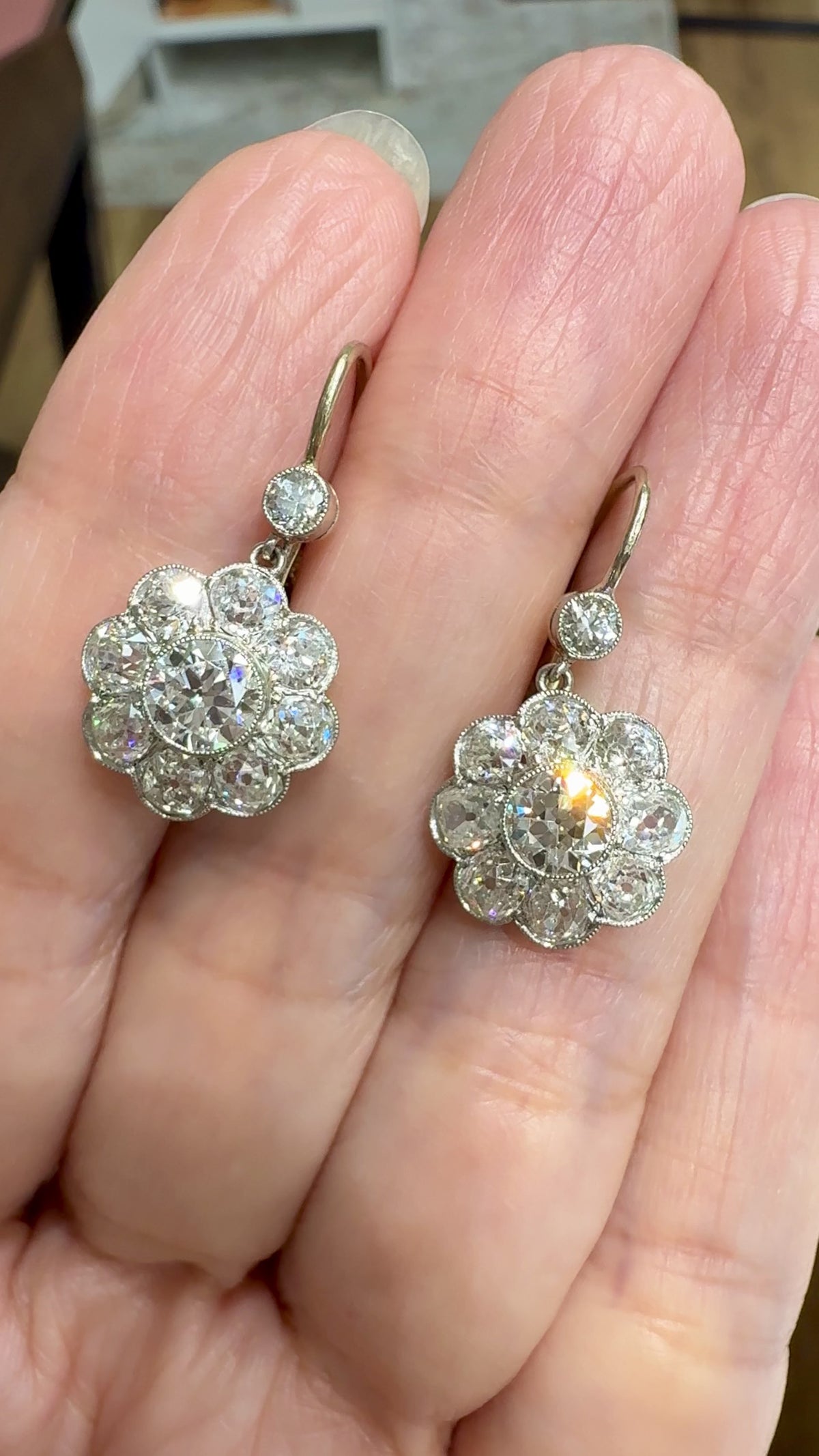 Vintage Old Mine and Old European Cut Diamond Flower Dangle Earrings 18k/Plat