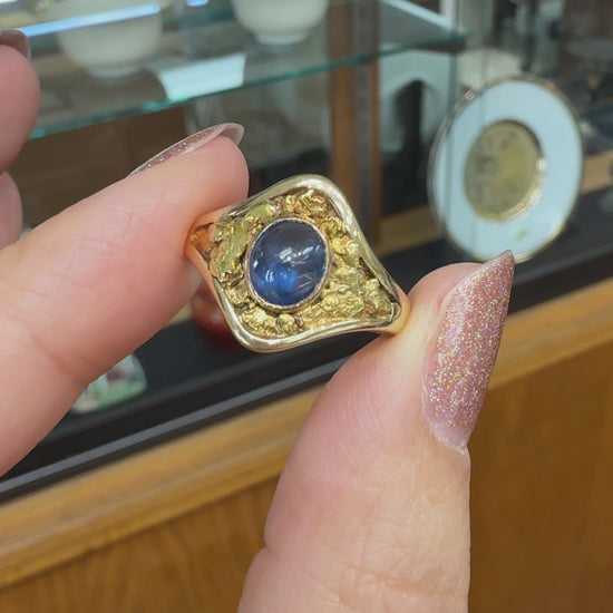 Antique Circa 1890's Sapphire Cabochon Gold Nugget Ring 14k Yellow Gold