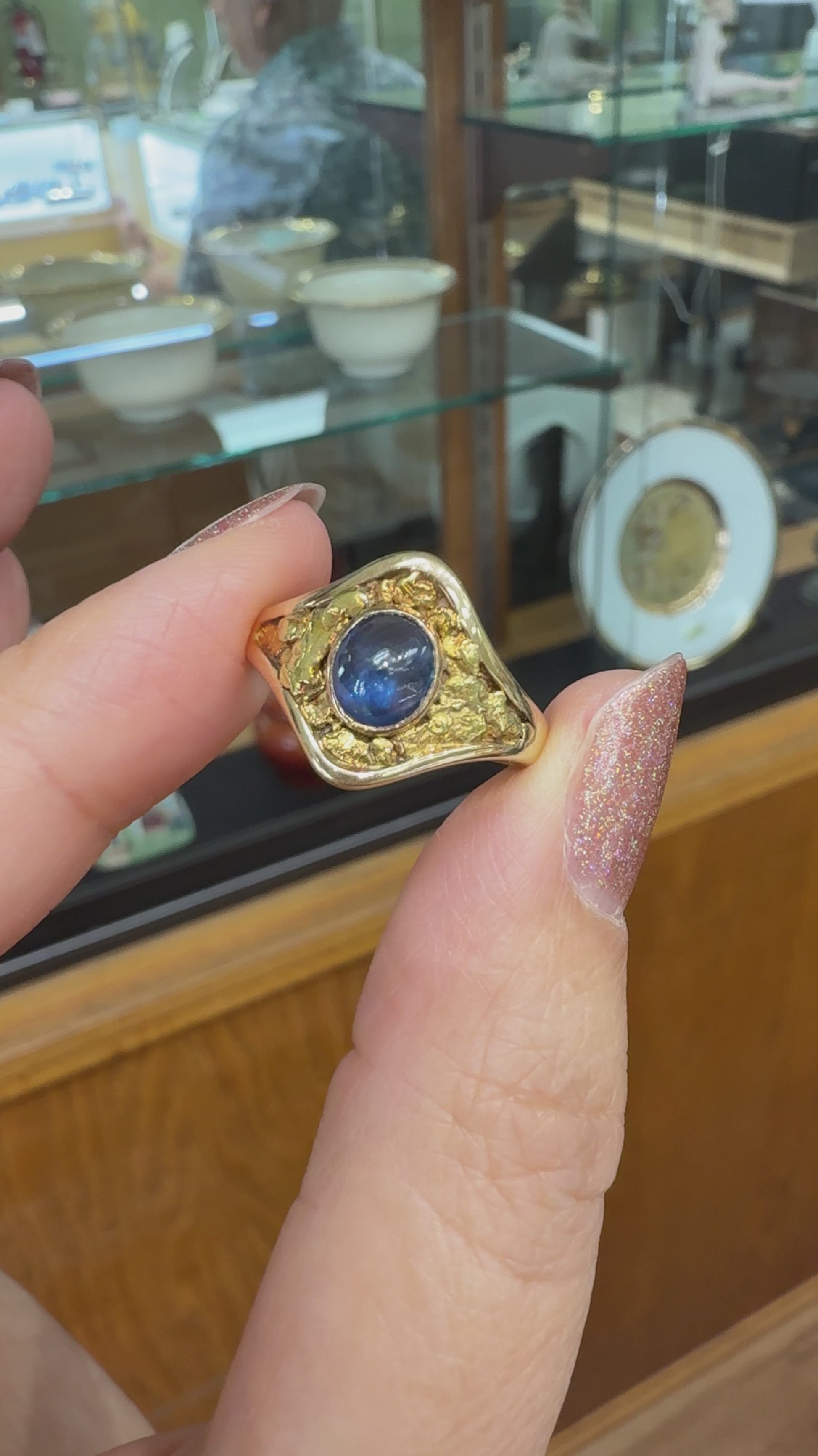 Antique Circa 1890's Sapphire Cabochon Gold Nugget Ring 14k Yellow Gold