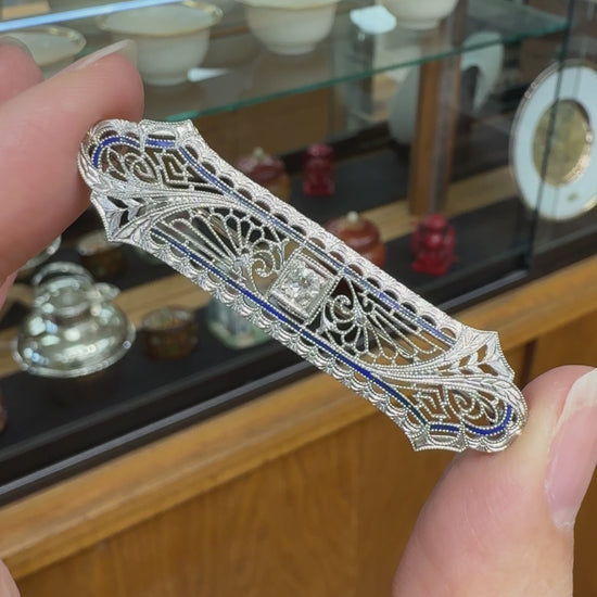 1925 Antique Art Deco Filigree Old European Cut Diamond Brooch 14k White Gold