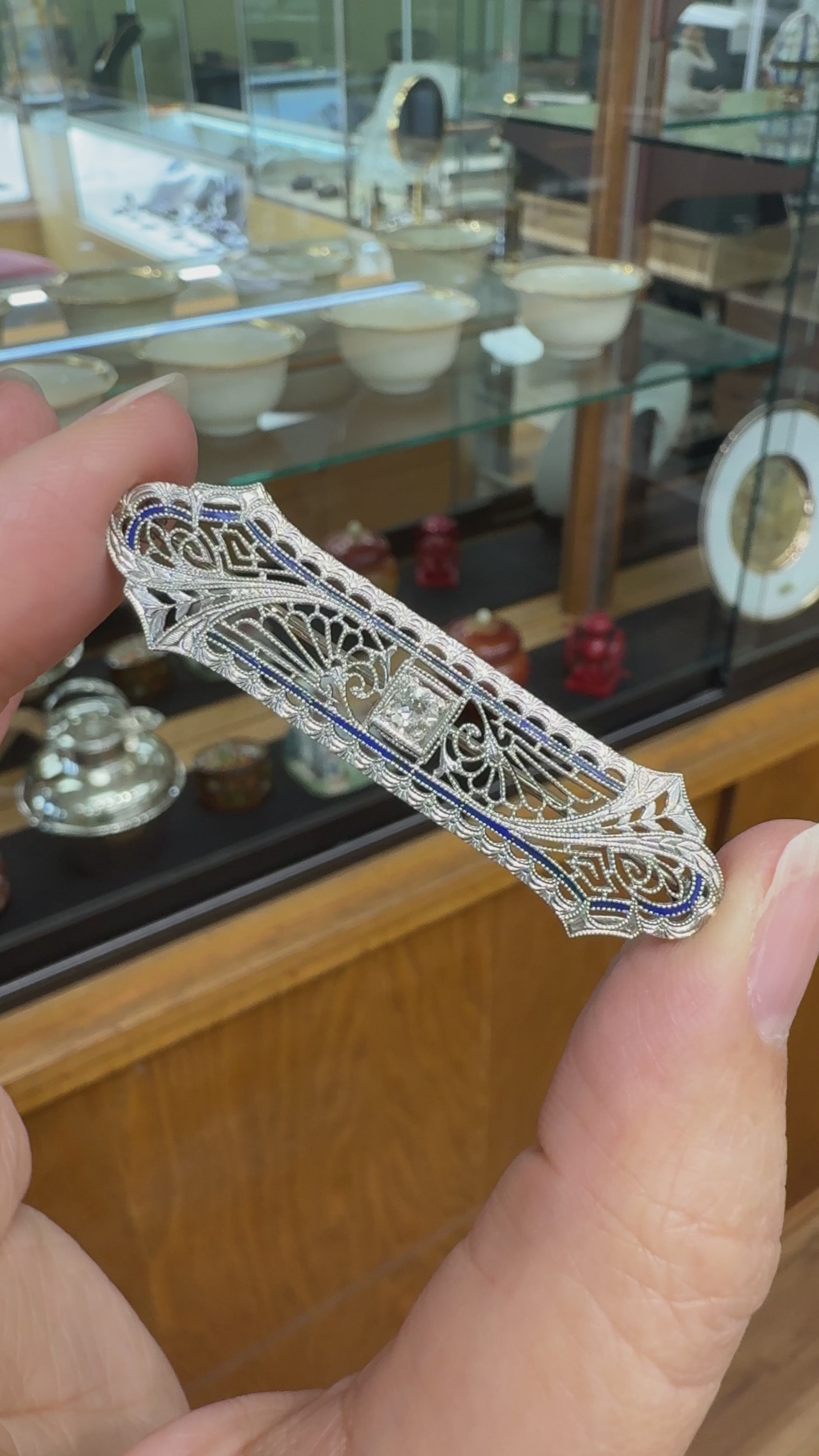 1925 Antique Art Deco Filigree Old European Cut Diamond Brooch 14k White Gold